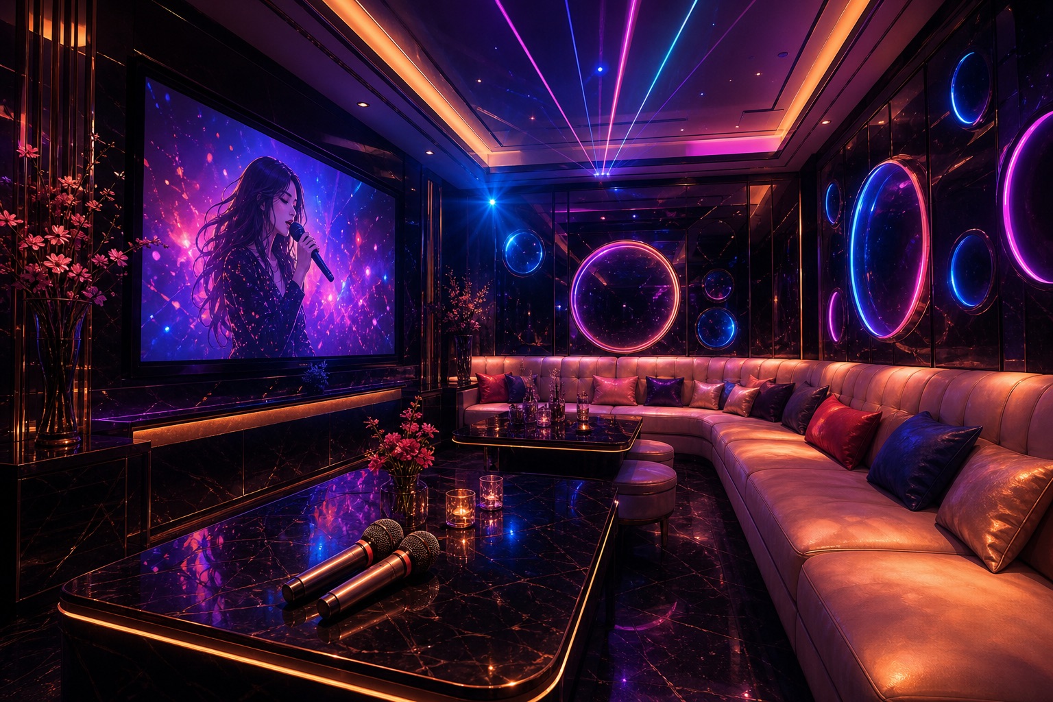 Atmospheric illustration of a luxurious private KTV karaoke room with a wraparound sofa, a glowing screen and neon mood lighting