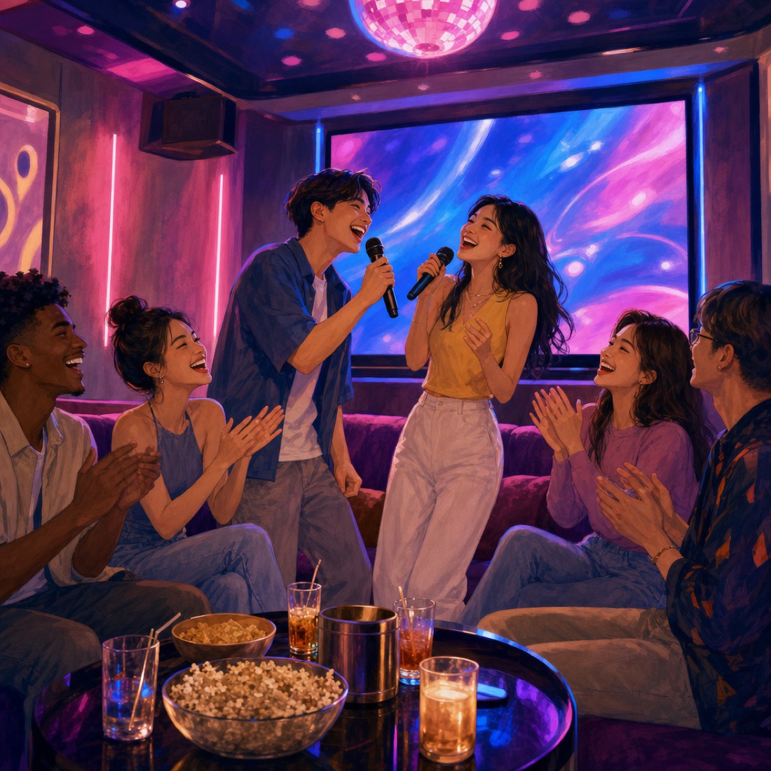 Illustration of friends laughing and singing together with microphones in a private karaoke room